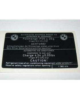 BMW Air Condition R12 Refrigerant Charge Label Sticker 64531382614 New Genuine