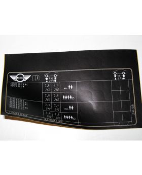 MINI R56 Cooper Tyre Pressure Table Chart Label Sticker 71246851461 New Genuine